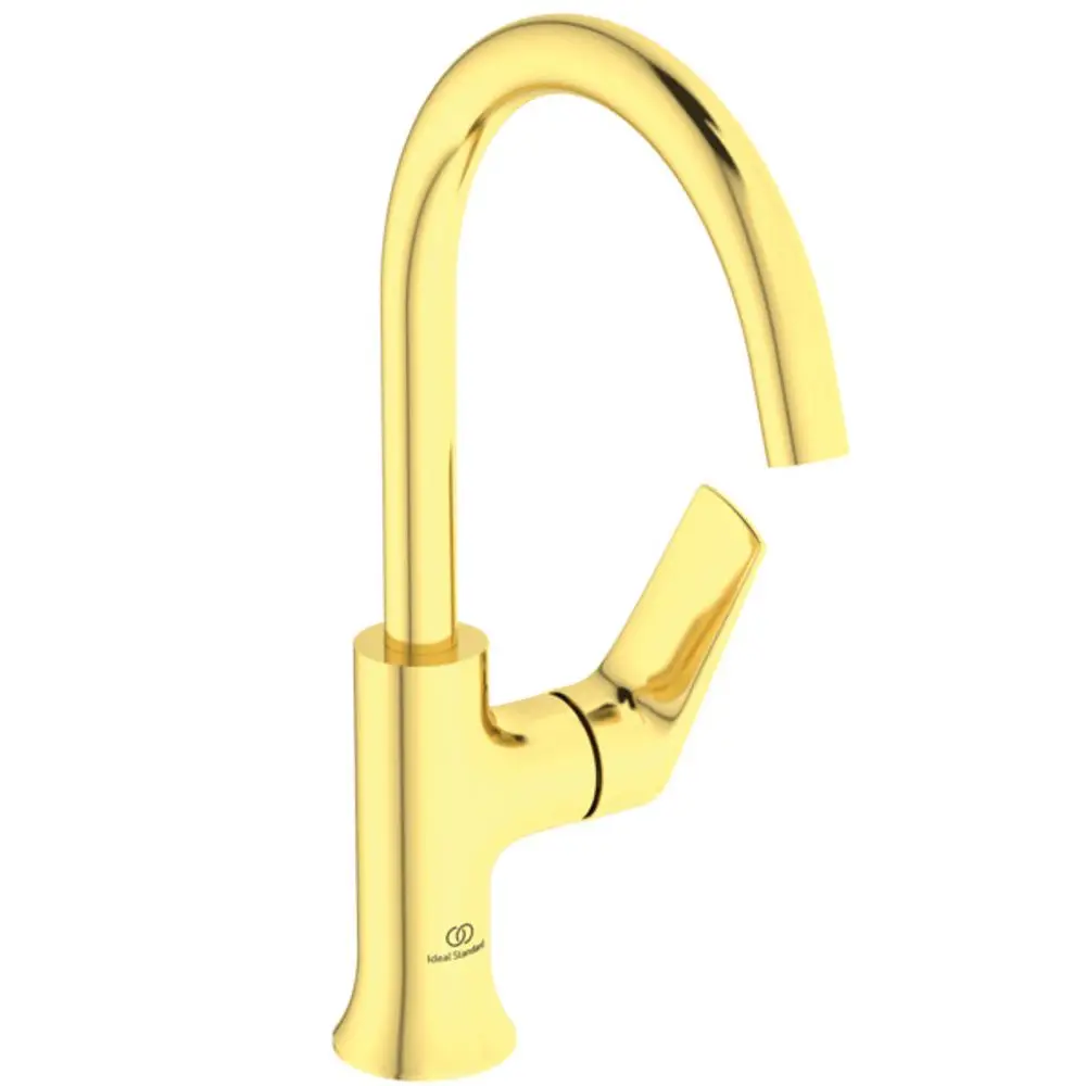 Goldfarbener Waschtischarmatur mit auslaufendem Design. Enthält einen Hebel zur Wasserauslösung. Hersteller ist Ideal Standard.